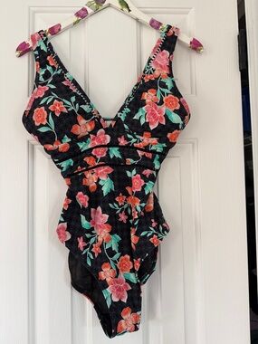 Floral One-Piece Swimsuit in Black with Coral & Mint Flowers
